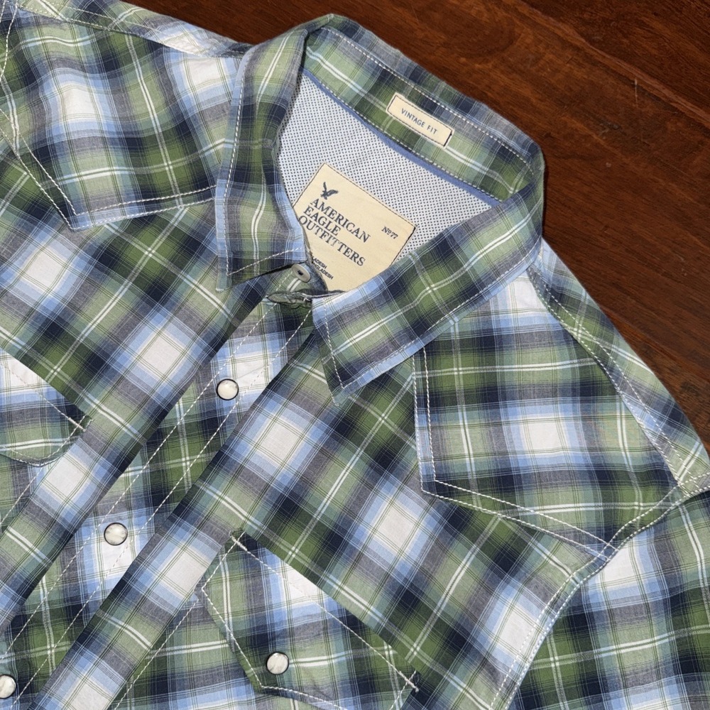 American Eagle Mens Western Pearl Snap Shirt Cotton Plaid Blue Green Large EUC